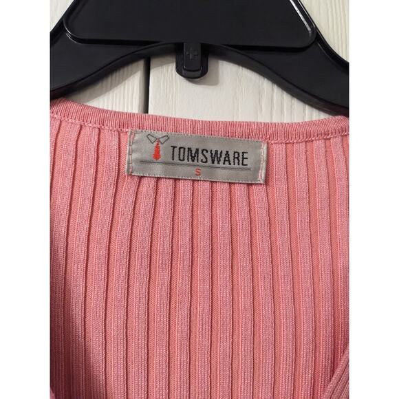 Tomsware Women's Long Sleeve Pink Ribbed Wrap V-neck Knee Length Dress Size S - Picture 3 of 5